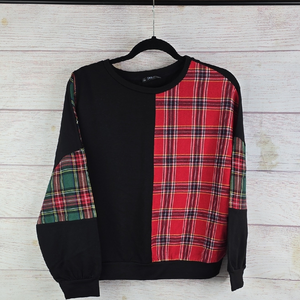 Shein Color Block Plaid Pullover Sz Med